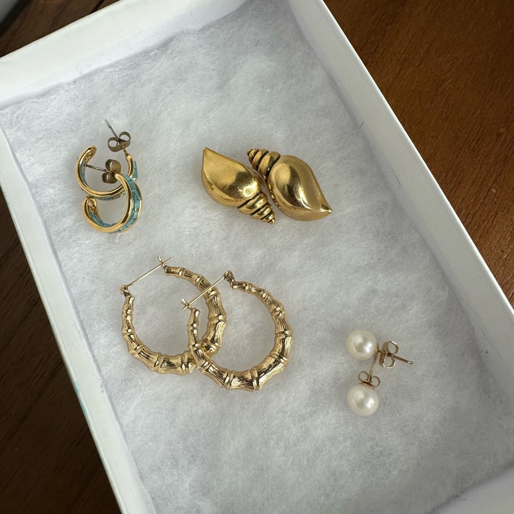 Vintage Beachy Gold Earrings, Shell Earrings, and Pearl Studs
